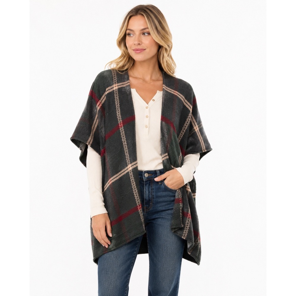 Ann Taylor LOFT Plaid Open Front Poncho Dark Green Red Tartan One Size Wrap